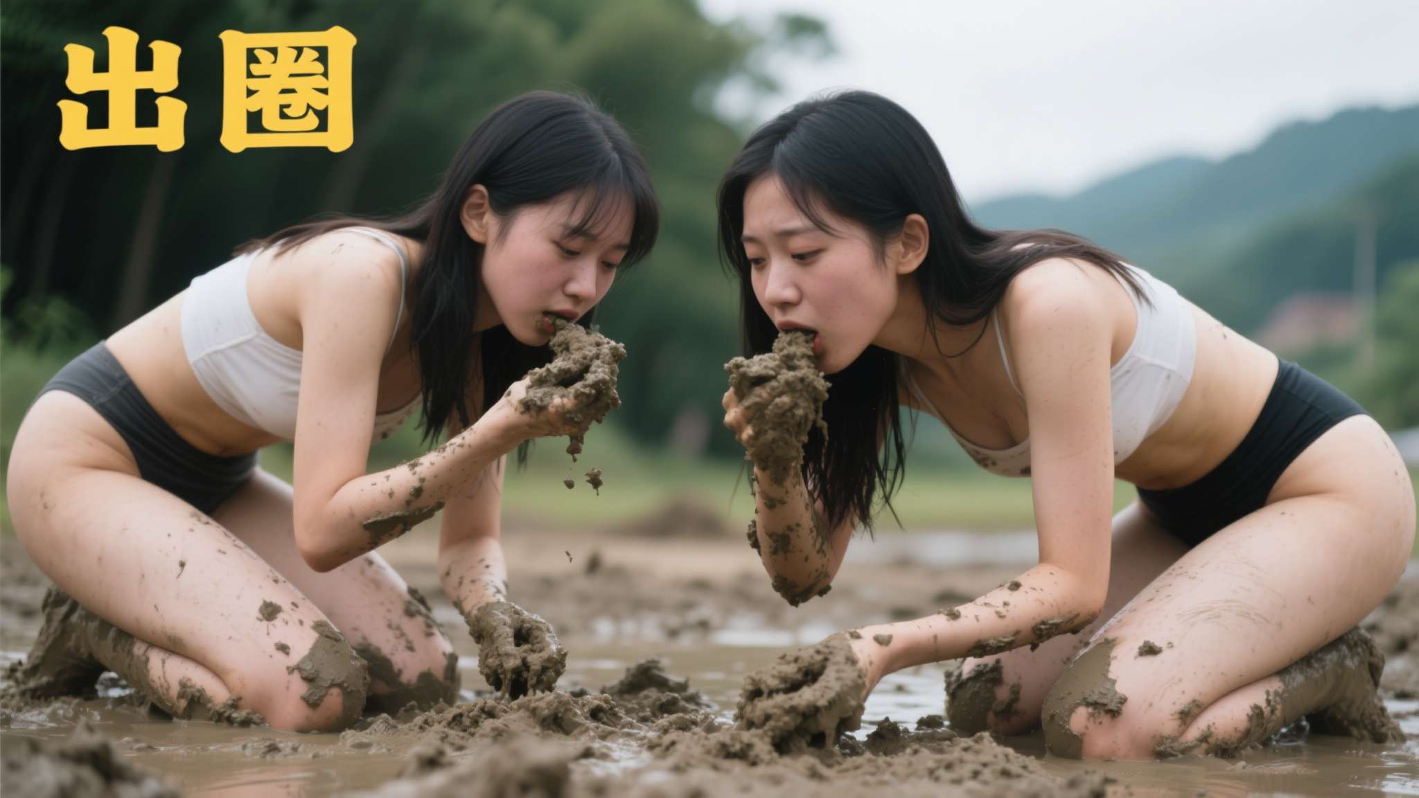 然而，让这组动图真正"出圈"的，并不只是吃泥的窘迫，更是画面中两位身材令人咋舌的